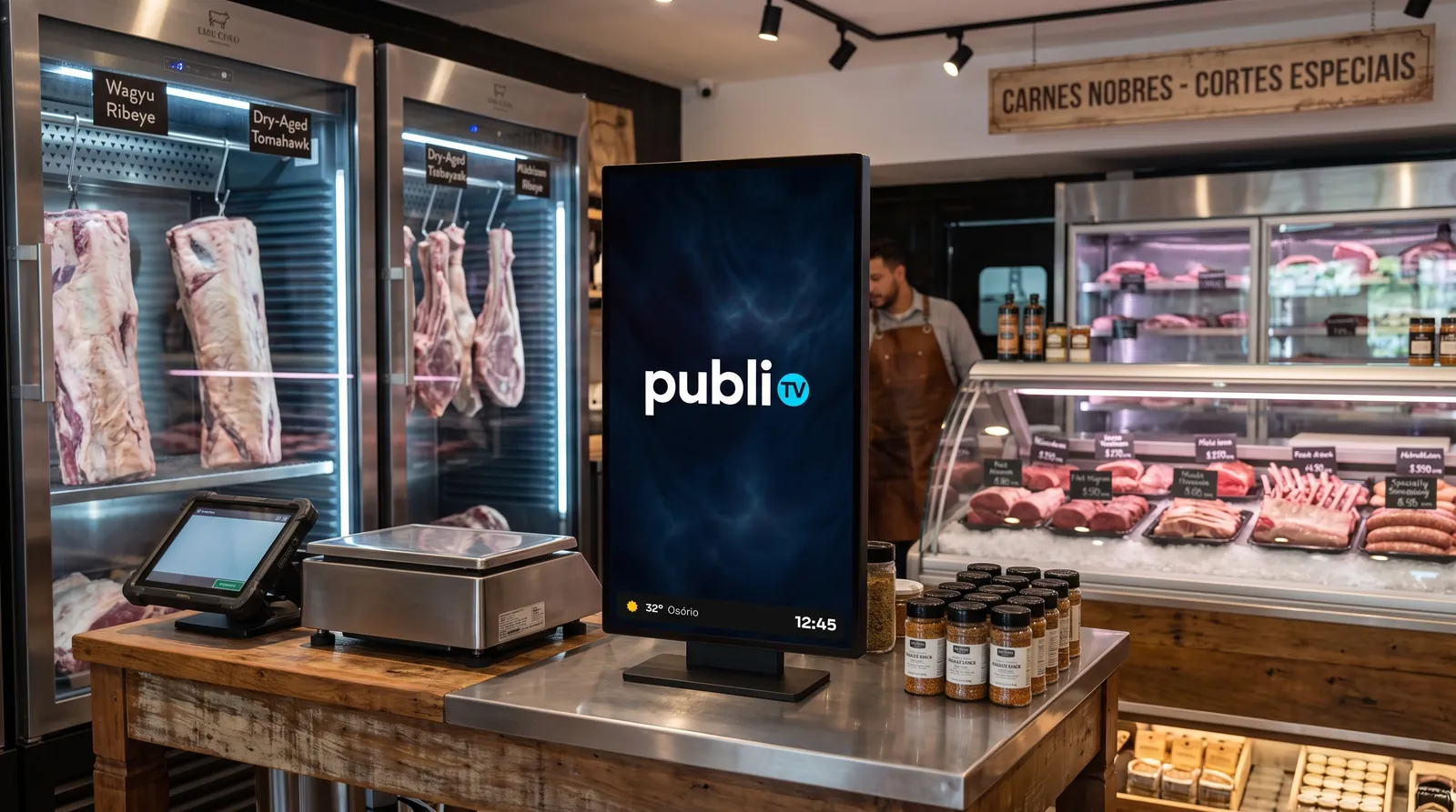 Tela publeTV em açougue