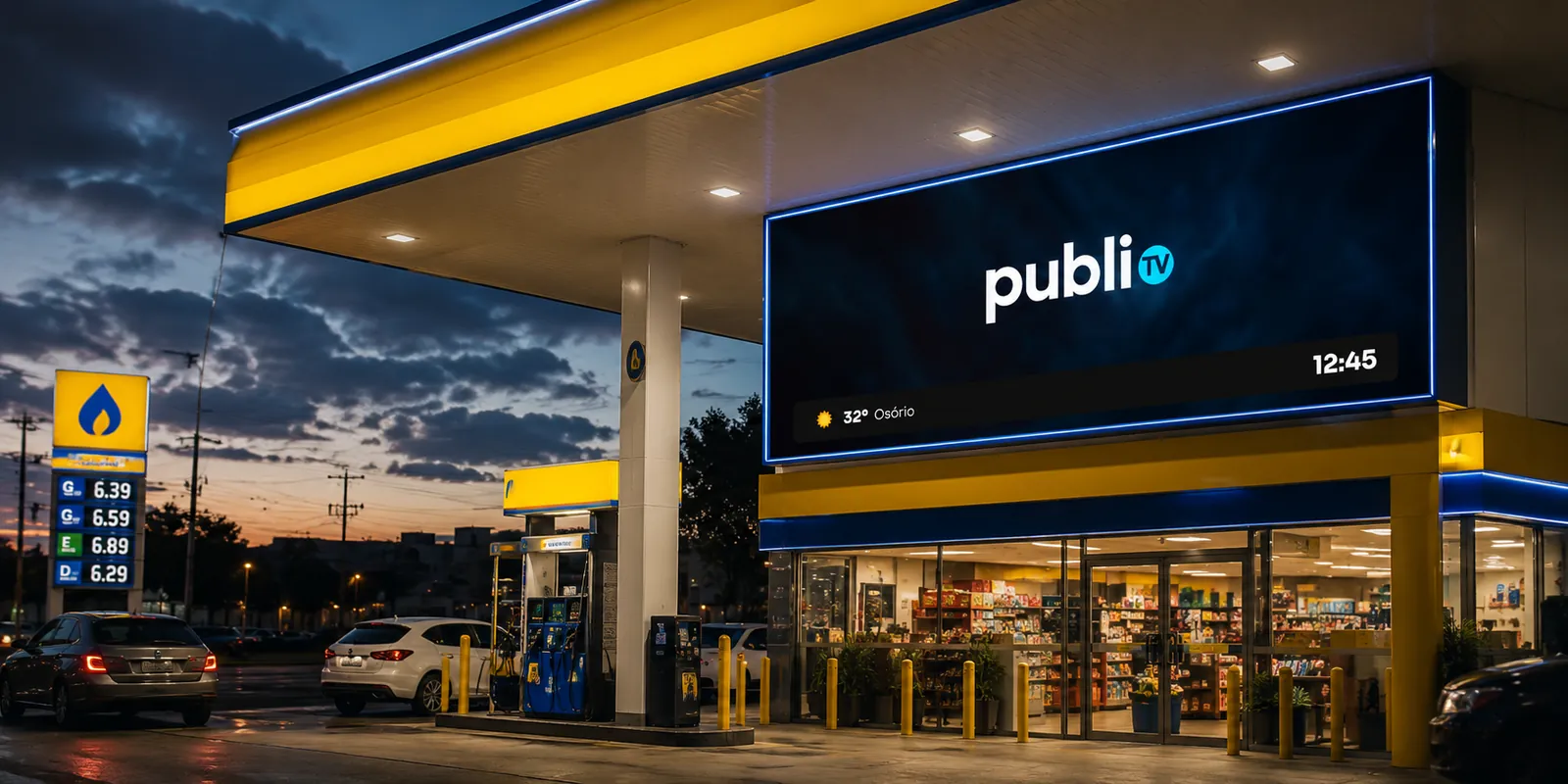 Tela publeTV em posto de gasolina