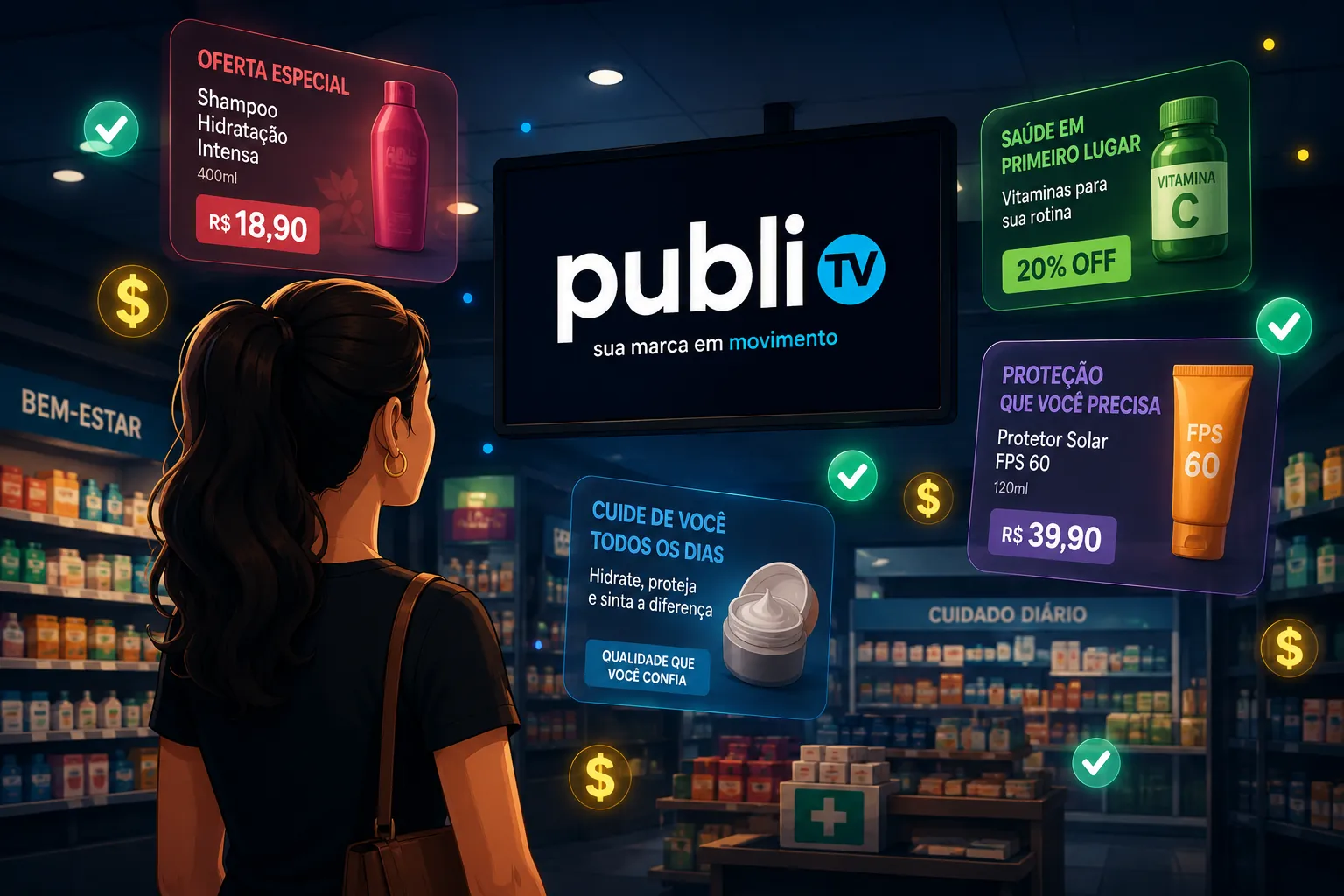 Cliente vendo ofertas exibidas na tela publeTV dentro da loja